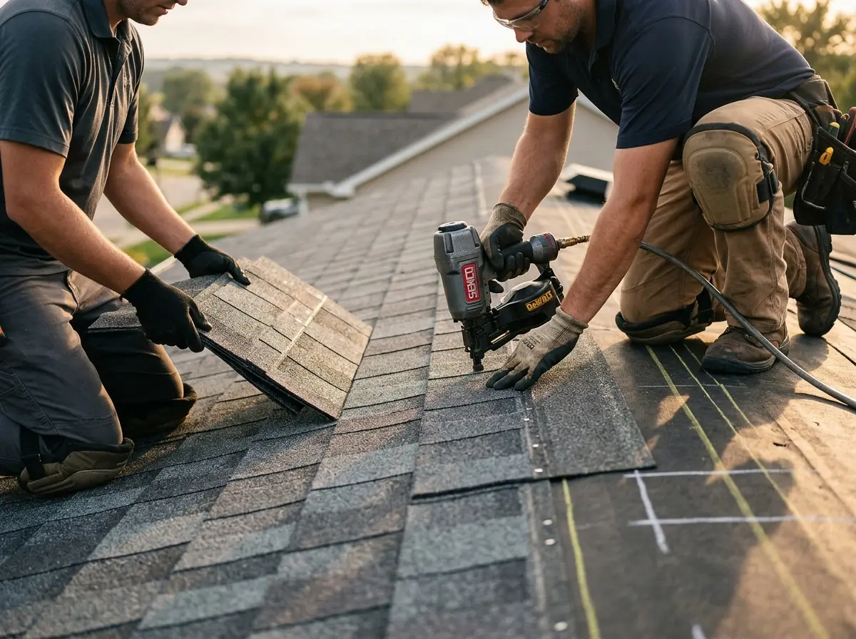 Professional roofer working on a residential roof in Plumas Lake